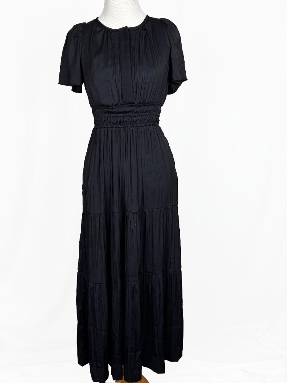 Anthropologie The Somerset Maxi Dress XXSP Black Satin Smocked Tiered Boho